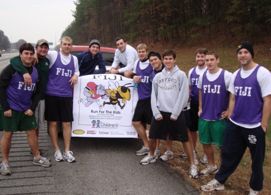 GeorgiaTech's tweet photo. A Georgia Tech fraternity is resurrecting a tradition that vanished during the pandemic. On Friday, members of Phi Gamma Delta from Tech and @universityofga will run the game ball from Athens to Atlanta in a charity relay that benefits @childrensatl 🐝🏈 | https://t.co/TFSnC7nfOi https://t.co/VqtFiGImBm