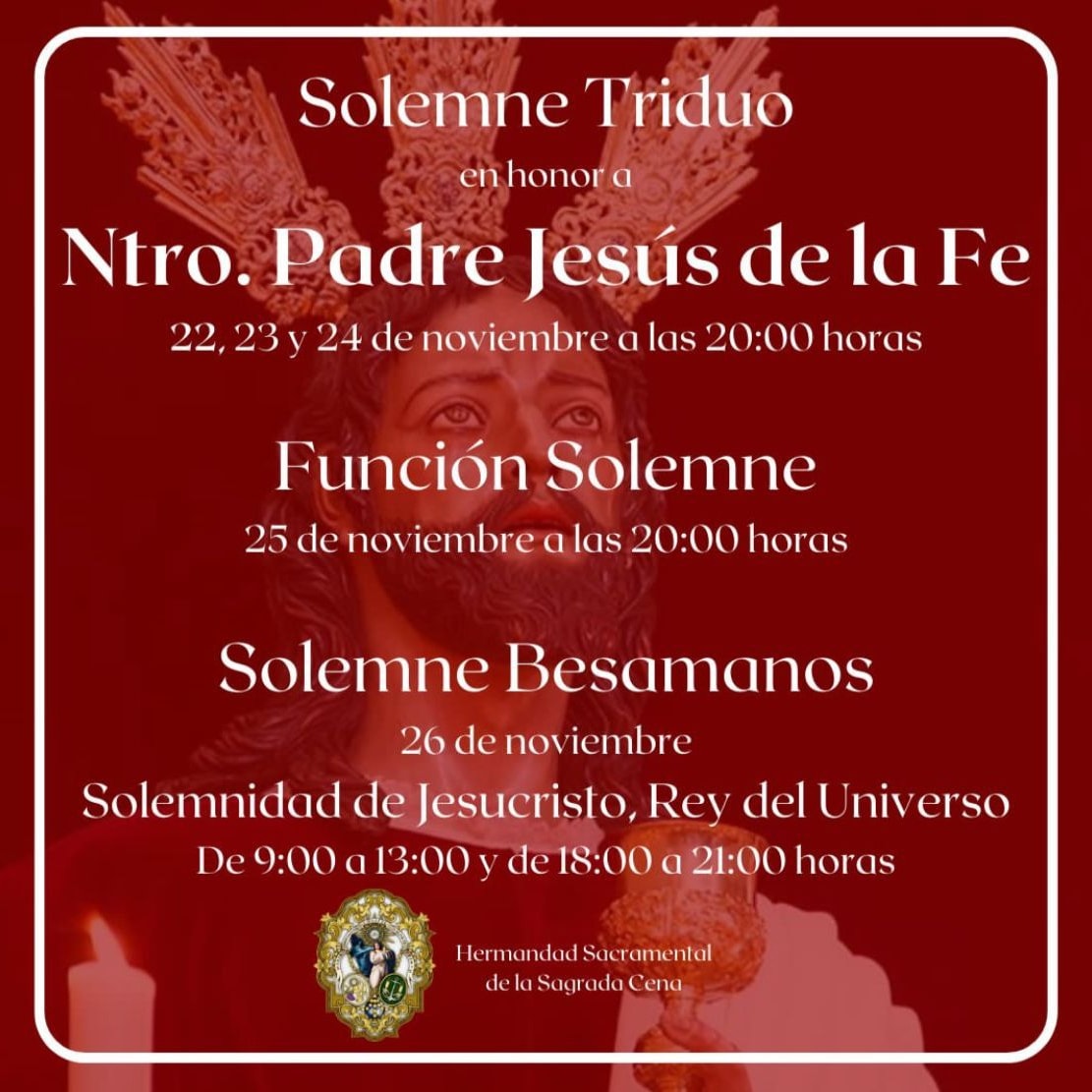 🔴Solemne Triduo en honor a Nuestro Padre Jesús de la Fe🔴

Hoy, 22 de noviembre, a las 20:00 horas, primer día del Solemne Triduo en honor a Nuestro Padre Jesús de la Fe, en la Parroquia Beato Álvaro de Córdoba.