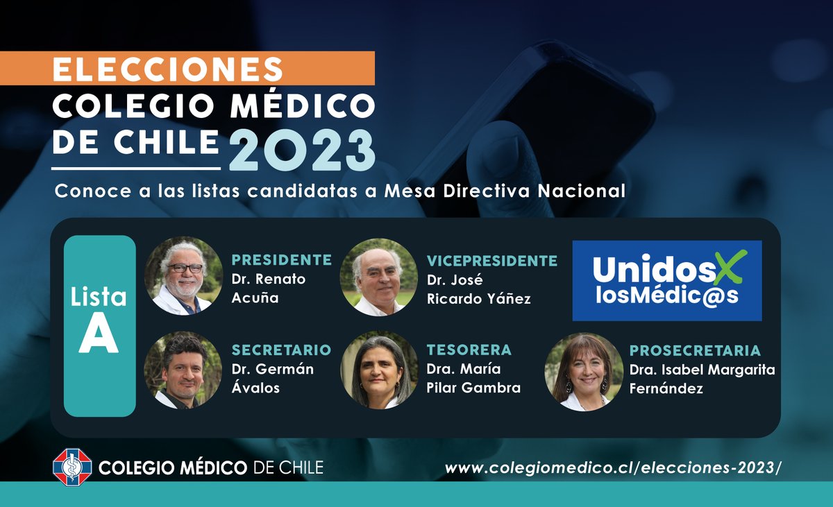 [#EleccionesColmed2023]
Conoce la lista A ➡️<a href="/uni2xlosmedicos/">Unidos x los Médic@s</a>
Integrada por:
📌Dr. Renato Acuña (<a href="/RenatoAcunaL/">Dr. Renato Acuña</a>) como Pdte.
📌Dr. José Ricardo Yáñez, como VicePdte.
📌Dr. Germán Ávalos (<a href="/gavalosguerra/">Germán Ávalos</a>), como Secretario
📌Dra. María Pilar Gambra, como Tesorera
📌Dra. Isabel