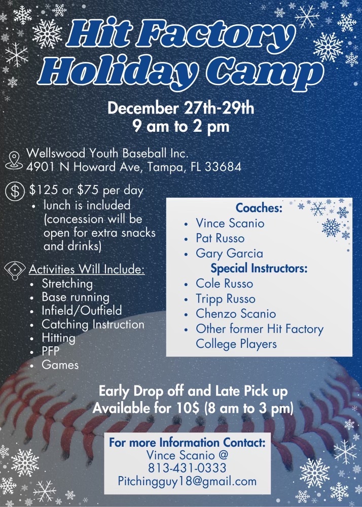 Join us at the Hit Factory Baseball Holiday Camp for an unforgettable blend of skill-building, friendly competition, and exclusive insights from the best in the game. Give the gift of 'Get Better' this holiday season. Contact Coach Vince directly to register.