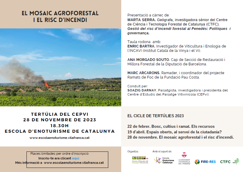 ctforestal's tweet photo. 🗣️"Gestió del risc d’incendi forestal al Penedès: Polítiques i governança" per Marta Serra del #CTFC a la tertúlia del #CEPVi "El mosaic agroforestal i el risc d'incendi"
📅28/11 🕡18:30h
📍 Escola d'Enoturisme de Catalunya
ℹ️ Info & inscripcions: https://t.co/YmCmGWmMTw https://t.co/CN168nmLkC
