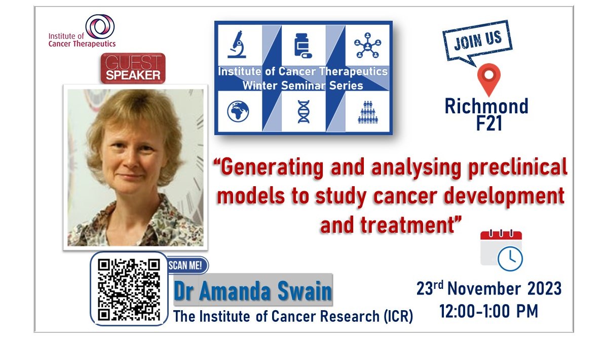 ICT_Bradford's tweet photo. 📢 Join us tomorrow (23/11) from 12-1 PM for an insightful seminar with Dr Amanda Swain from @ICR_London. Dr Swain will discuss her research on "Generating and analysing preclinical models to study cancer development and treatment". @UniofBradford
@UoBChem @ULifesci @UoBPaMS https://t.co/rqPmG2Z1E3