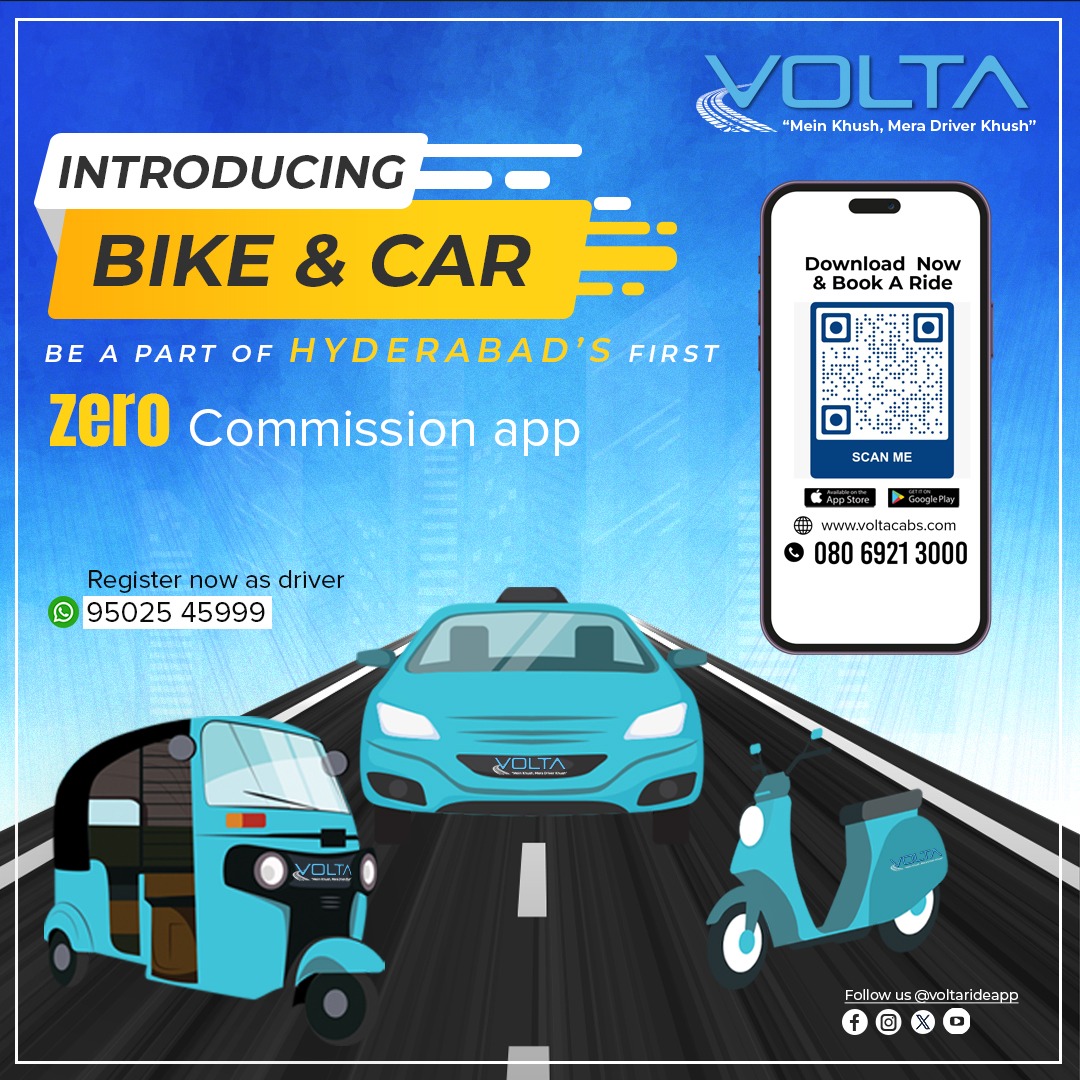 voltarideapp's tweet photo. ππΊποΈ Exciting news! Volta Ride App has expanded its fleet Starting with autos, now introduced cars and bikes. Enjoy zero commission rides and travel Hassle free.
#hyderabadkaapp #hyderabad #voltarideapp #ridewithvolta #voltaapp #zerocommission #voltaride #Voltahyderabad https://t.co/fI1WiKEHBa