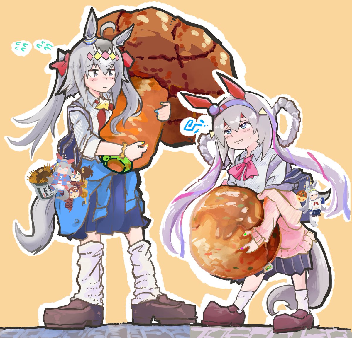 oguri cap (umamusume) ,tamamo cross (umamusume) multiple girls horse ears horse tail horse girl tail animal ears food  illustration images