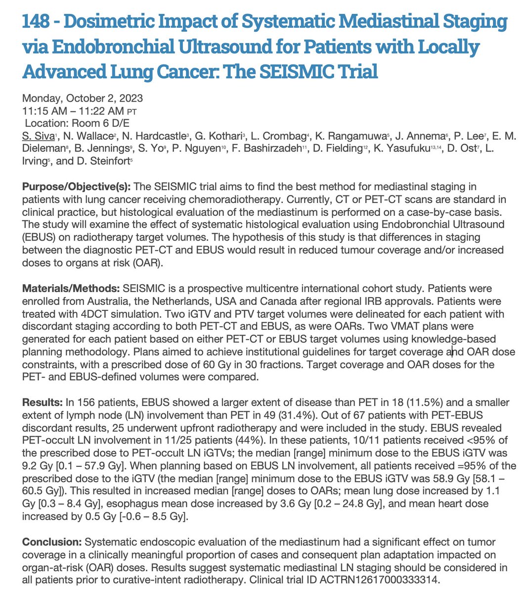 The SEISMIC Trial is positioned to change the standard of care for NSCLC. However, we will need buy-in from interventional pulmonologists to perform more EBUS procedures for that to happen. These data were presented at #ASTRO23. #radonc cdmcd.co/mXrrBQ