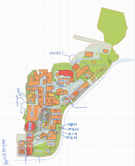 芝浜高校のMAPほぼ完成。あとはどこが何か書き込んでいけば大体。今まで描いてきたロケーションを全部繋げられる。
