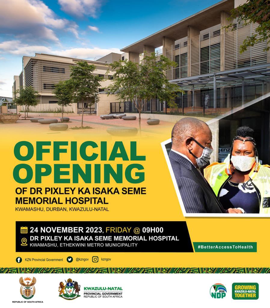 The official opening of the eye-catching State-Of-The-Art Dr Pixley Ka-Isaka Seme Memorial Hospital is upon us. The State President HE Cyril Ramaphosa will officiate #RoadToNHI #LeavingNoOneBehind #AccessToHealthcare