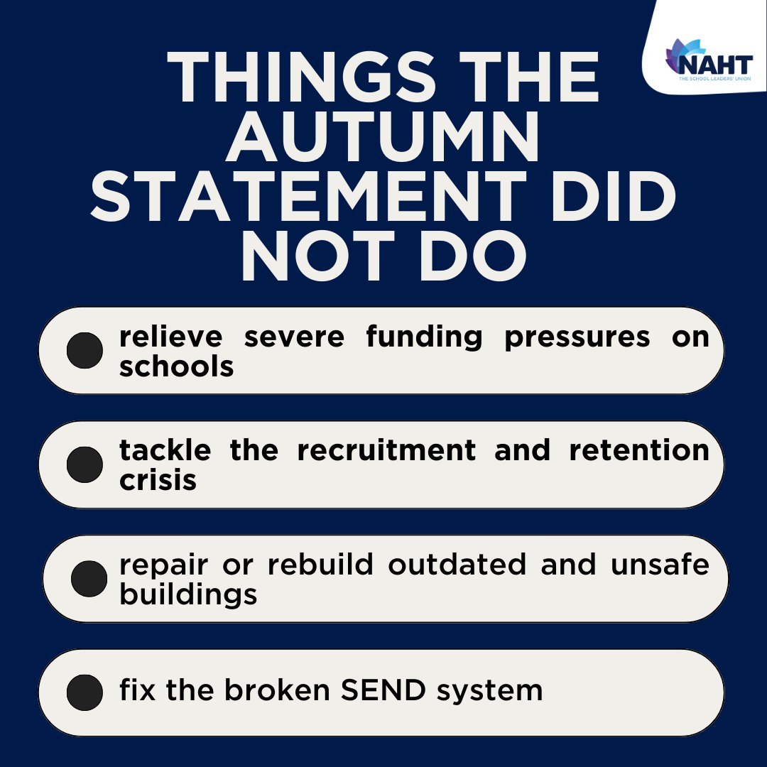 Despite the PM promising education would be prioritised in spending reviews, the big issues facing schools were not touched upon today. NAHT general secretary, Paul Whiteman said, 'Yet another education promise has been broken immediately after being made.'