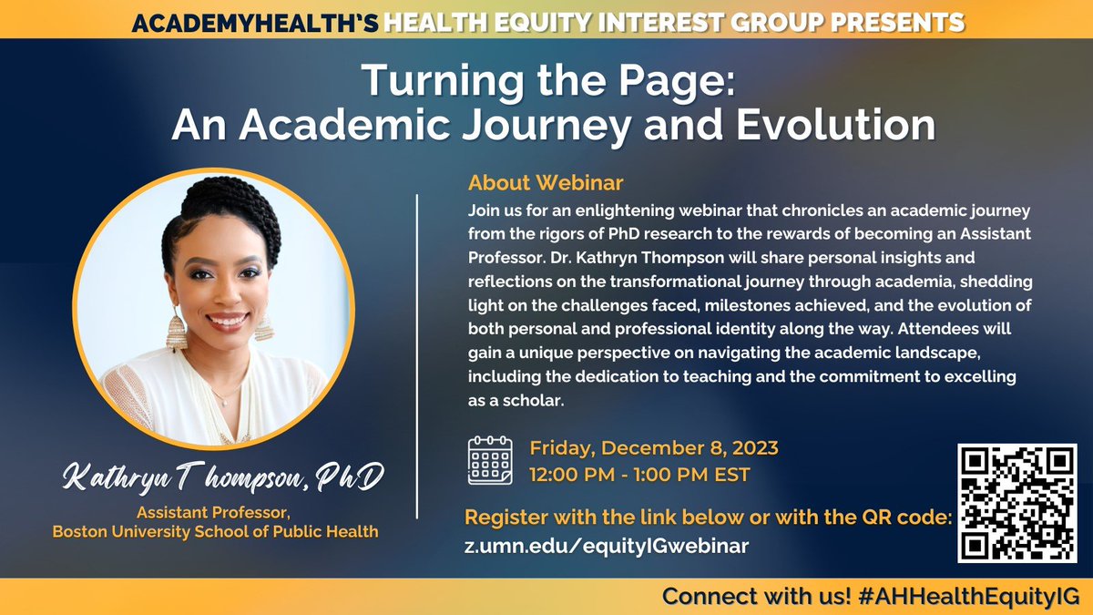 Andrea Thoumi, MPP, MSc (@andreathoumi) on Twitter photo Thrilled to launch a health equity series with
<a href="/academyhealth/">AcademyHealth</a>'s #AHHealthEquityIG. Join us for our first webinar on December 8, 2023 at noon EST. Hear from <a href="/Kathryn_DThomp/">Kathryn Thompson, Ph.D.</a> as she reflects on her academic and professional journey in #healthequity Thrilled to launch a health equity series with
<a href="/academyhealth/">AcademyHealth</a>'s #AHHealthEquityIG. Join us for our first webinar on December 8, 2023 at noon EST. Hear from <a href="/Kathryn_DThomp/">Kathryn Thompson, Ph.D.</a> as she reflects on her academic and professional journey in #healthequity