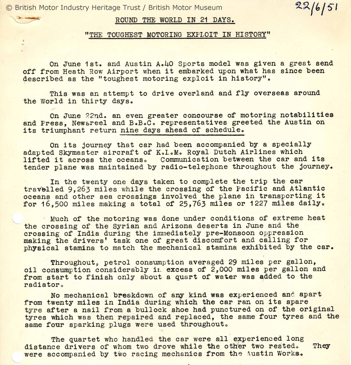 Leonard Lord once bet that Alan Hess couldn't drive around the world in 30 days in an #Austin A40 Sports. Hess, with a team of drivers and mechanics, rose to the #Challenge and did it in 21 days! The achievement was featured in this newsletter.

#ExploreYourArchives #EYAChallenge