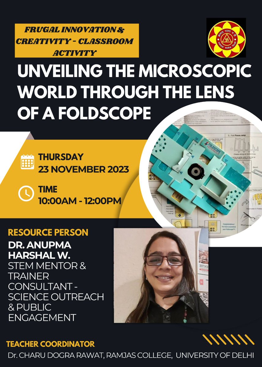 dranuharshal's tweet photo. Foldscope comes to @OfficialRamjas @ramjas_college @UnivofDelhi #Delhi  thanks @charudraw for this invite excited to meet, learn grow together #Students #microscopy
#AMR #Awareness #frugalscience #handson #STEM #science #OUTREACH #education #knowurfoe @biopatrika @mygovindia https://t.co/24kHyYEAvy