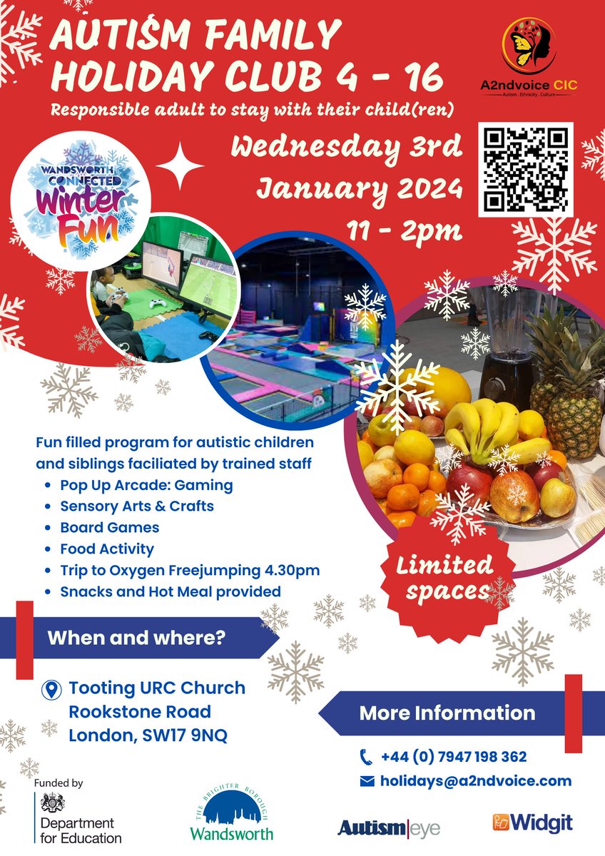 Wandsworth Connected: Winter #Autism #SEND program a2ndvoice.coordinate.cloud/list 2, 4 & 5 Jan 1 - 5pm Held at Tooting Leisure Centre 3 Jan 11 - 2pm & 4.30 - 5.30pm Tooting United Reformed Church & trip to Oxygen Freejumping with @ambitiouslives @Whizzfit @PopUpArcadeUK