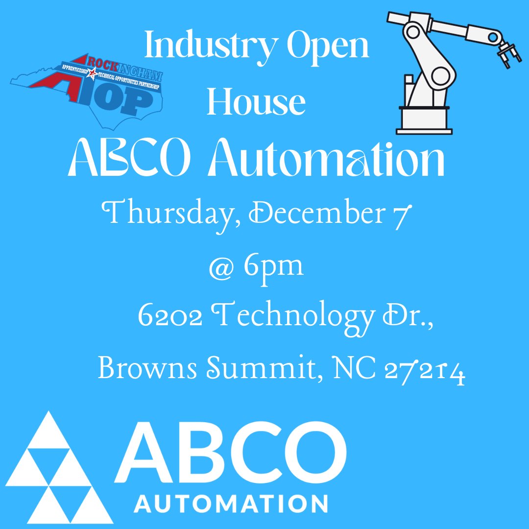 Join Us at ABCO Automation
Thursday, December 7th @ 6 p.m.
6202 Technology Dr., Brown Summit, NC 27214