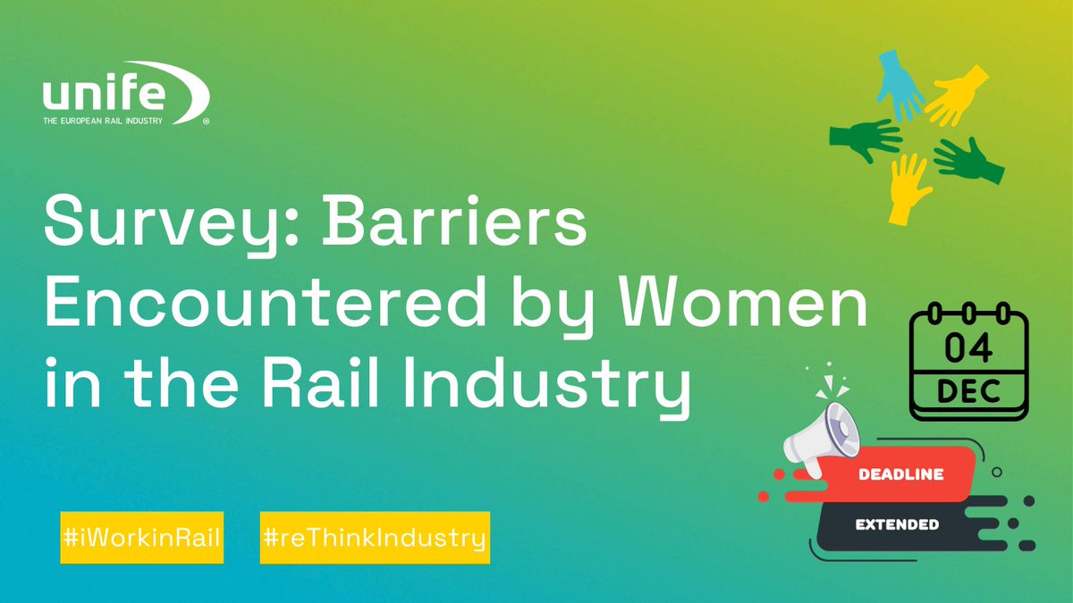 🔥 Deadline EXTENDED to make your voice heard and drive positive change for women in the #rail industry!

📊 Act NOW: bit.ly/498EwZD

Participate in our confidential survey NOW and share with your colleagues before it's too late! 👩‍🔧
#WomenInRail