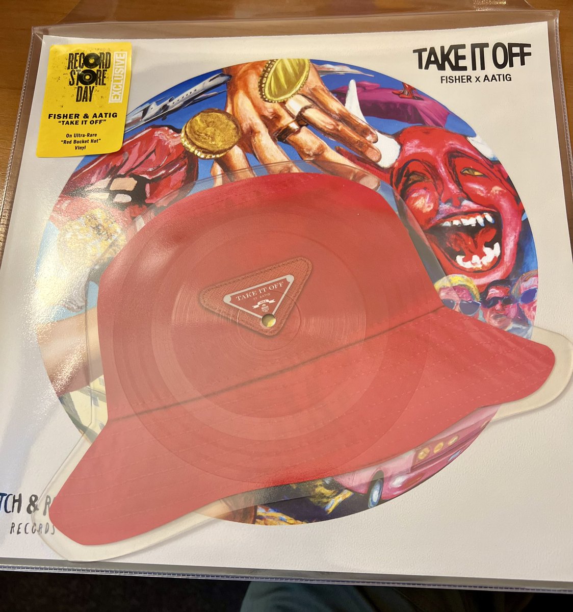 FISHER &amp; AATIG “TAKE IT OFF” on vinyl in the exact shape and style of the red bucket hat that Fish wore while debuting the song at Coachella 🥲 

Available exclusively for Record Store Day Black Friday <a href="/recordstoreday/">Record Store Day</a> <a href="/followthefishtv/">FISHER</a> #aatig #RSDBlackFriday