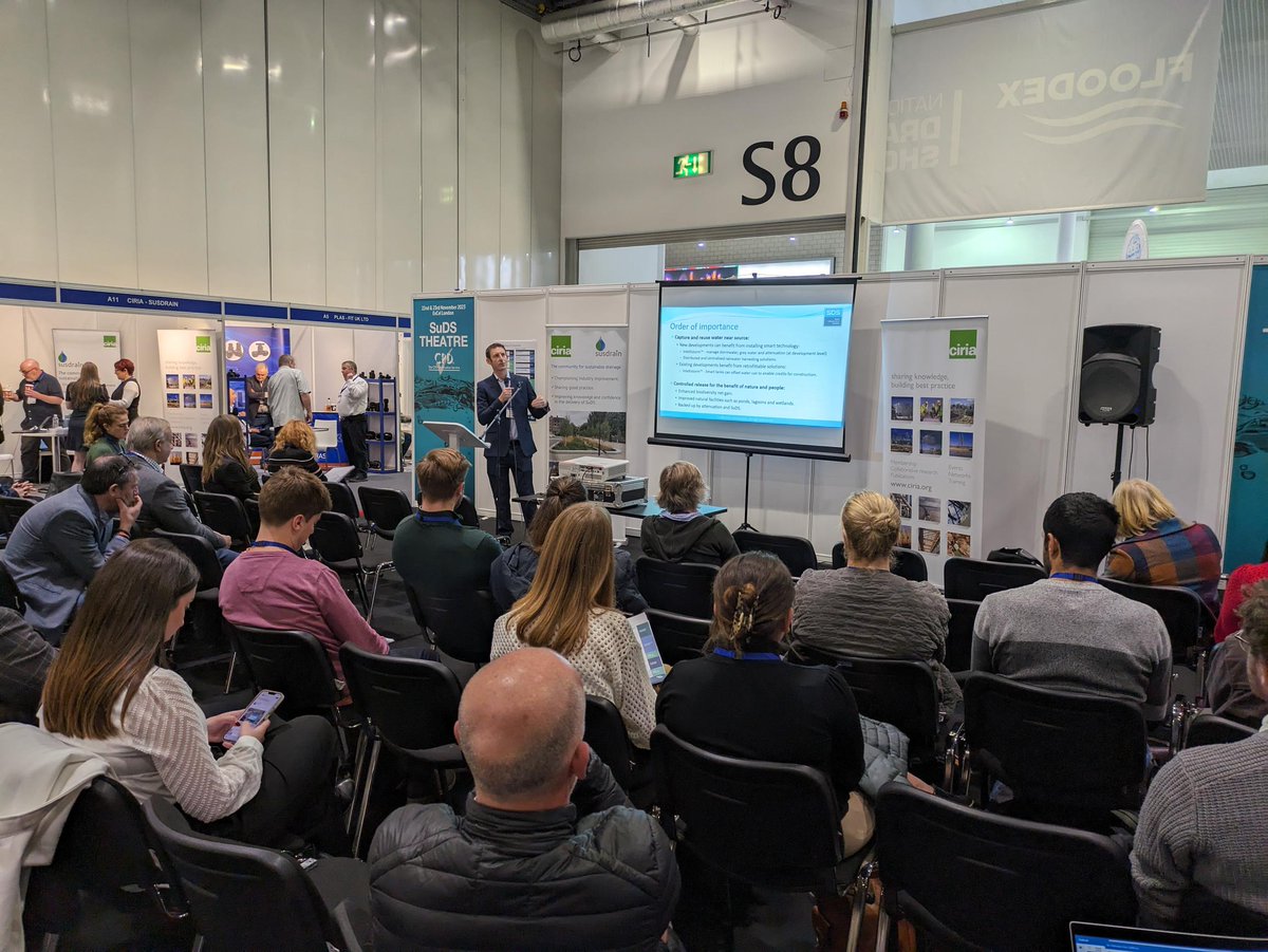 Dr Neil Sewell, Director of Technology Systems, SDS presented on the multiple environmental, social and economic benefits of dual rainwater conservation and attenuation can be achieved with the same solution today @FloodexUK #SuDs #sudsnotduds