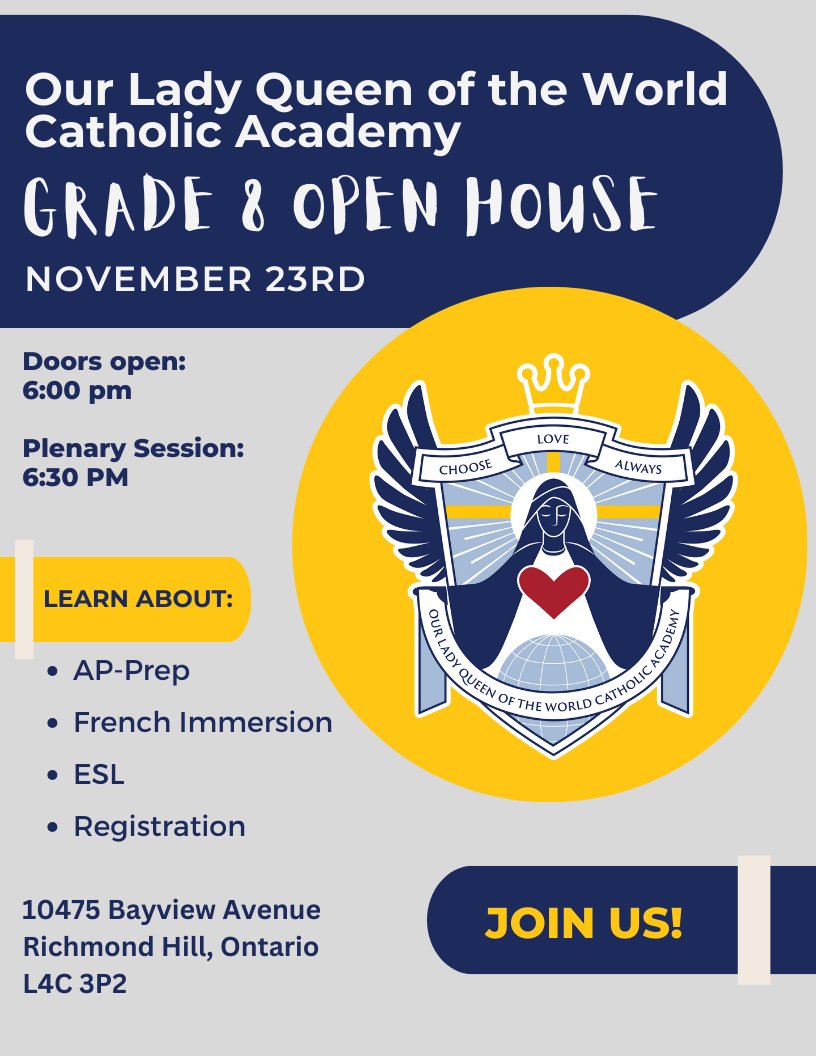 Attention grade 8 families!  We are excited to welcome you to our Open House on Thursday Nov. 23rd!  Please see flyer for details @olqwca @ycdsb
