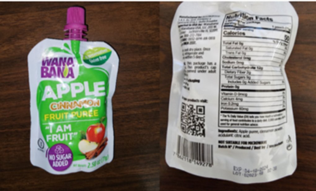 msdh's tweet photo. RECALL UPDATE: MSDH has identified 5 Mississippi families with children having elevated blood lead levels after consuming these apple-cinnamon pouches. If your child may have consumed these, contact the child's doctor or call MSDH at 601-576-7620. See https://t.co/xmX5GukPKO https://t.co/wUJk7FQCH6