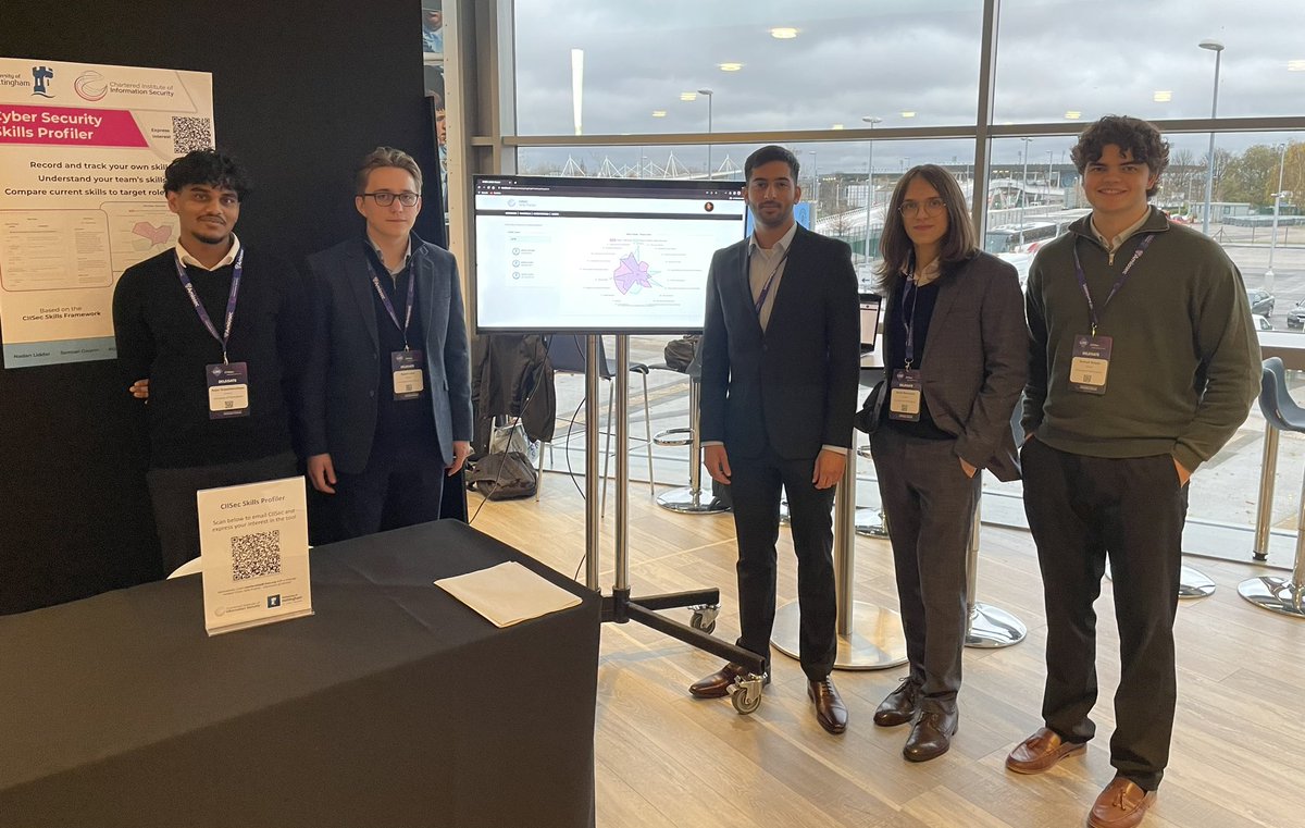 smfurnell's tweet photo. Excellent work by our @UoNComputerSci students, demonstrating their #CIISec Skills Profiler tool at #CIISecLive at the Etihad Stadium today. Pictured here with the tool and with CIISec CEO @FinchAmanda.
#cybersecurity #infosec https://t.co/DonuoTknM3