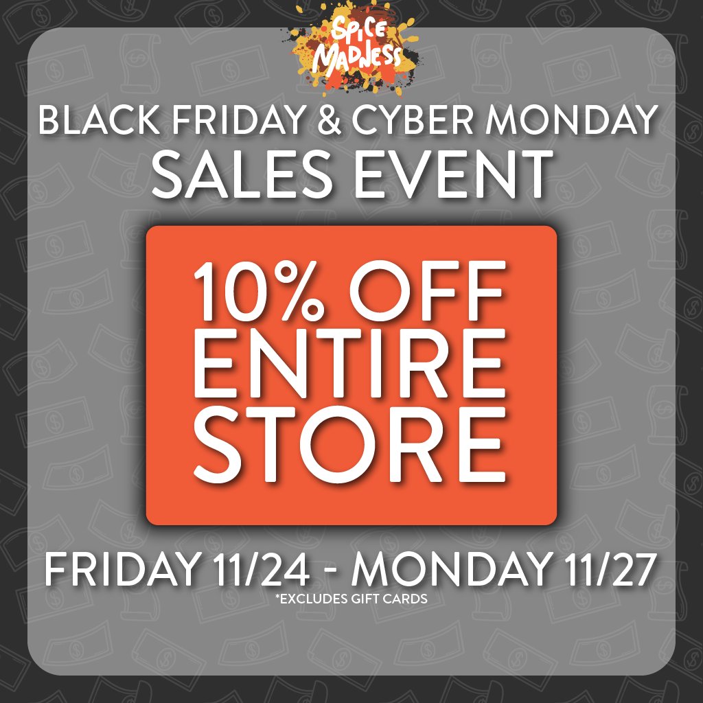 Spice_Madness's tweet photo. 10% OFF STORE WIDE – BLACK FRIDAY &amp; CYBER MONDAY SALE! 

Stock up on everything you need for your holiday cooking, baking, and gift giving needs!

Discount will be applied at check out.
https://t.co/DRswABclbd

#blackfriday #blackfridaysale #BlackFridayDeals #cybermonday https://t.co/nkBWP0eklA