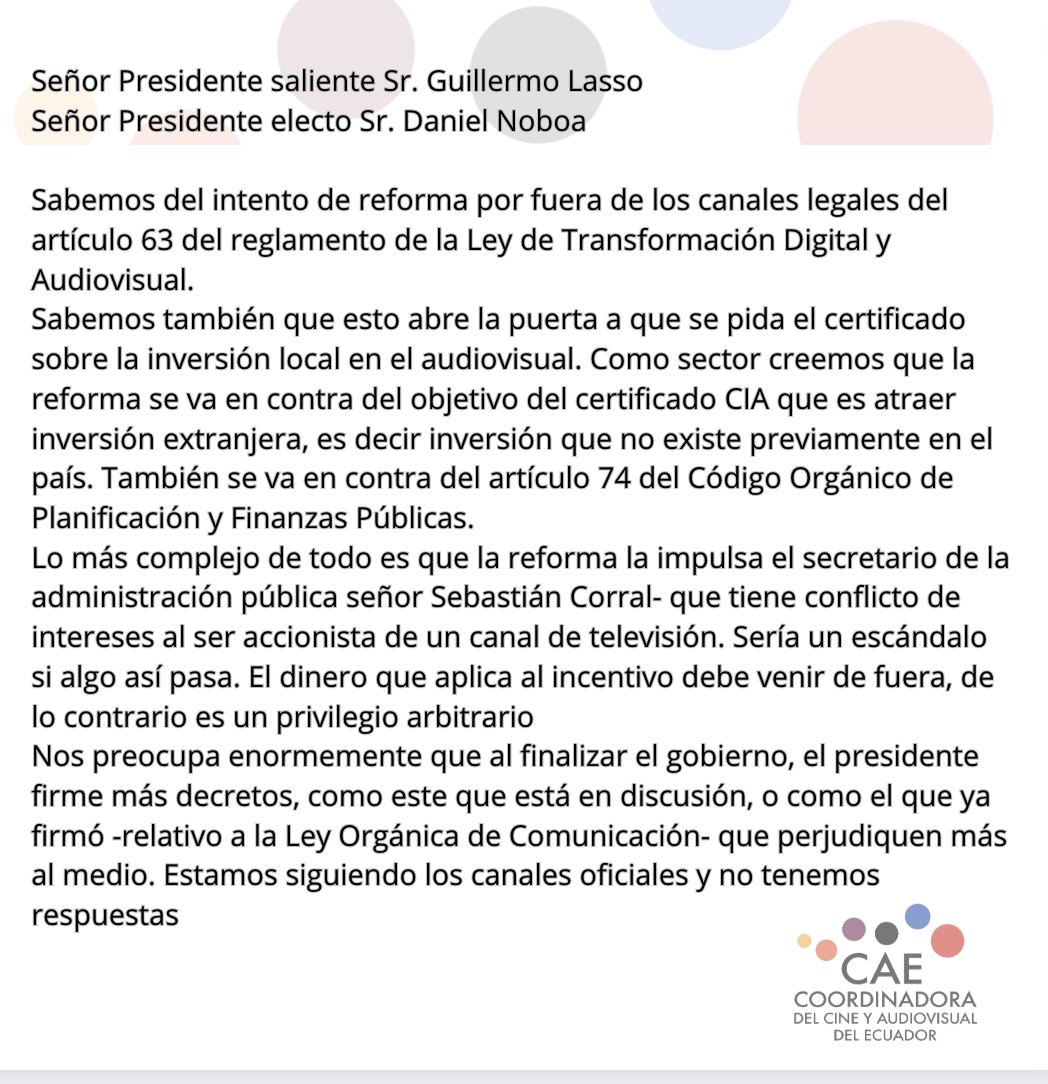 AsociacionETC's tweet photo. @Presidencia_Ec
@LassoGuillermo
@DanielNoboaOk
@Creatividad_Ec
@cultura_ec
@AsociacionETC
@trabajadoresaud
@COPAE_Ec
@AdecEcuador
@colectivacam
@fotografosecu
@AcapanaEc
@teleamazonasec
Con muchísima preocupación al sector audiovisual y a las autoridades salientes y entrantes👇 https://t.co/sXyZ1YFZGu