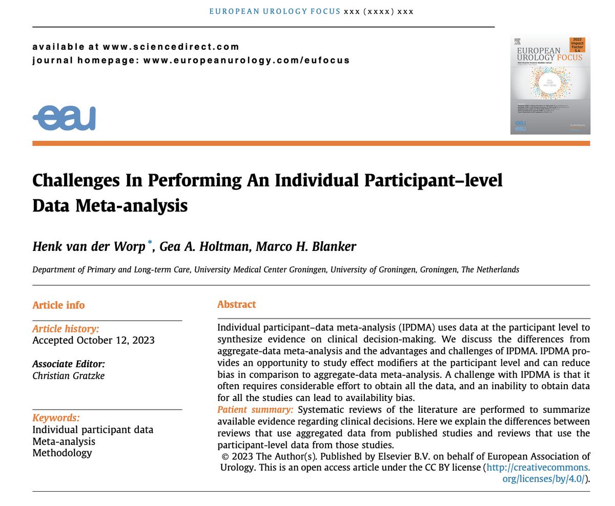 8⃣ Individual patient level data meta-analysis (IPDMA) uses data at the participant level to synthesize evidence on clinical decision-making and provides a unique opportunity to study effect modifiers at the participant level

eu-focus.europeanurology.com/article/S2405-…

#EBM

10/14