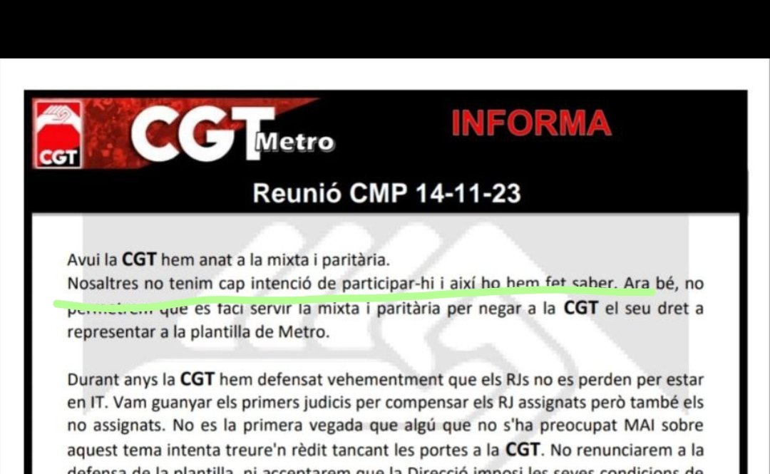 MMetrera's tweet photo. 14/11/23

CGT diu que no té cap intenció de participar-hi (a la Mixta i paritària)

22/11/23

@CGTmetroBCN  es queixa de que "No han convidat a la Mixta i paritària ni a CGT ni a SO."

El perro del hortelano. 😴😴😴😴😴😴😴😴😴😴😴😴😴😴😴😴😴😴😴😴 https://t.co/2JFptptsh8