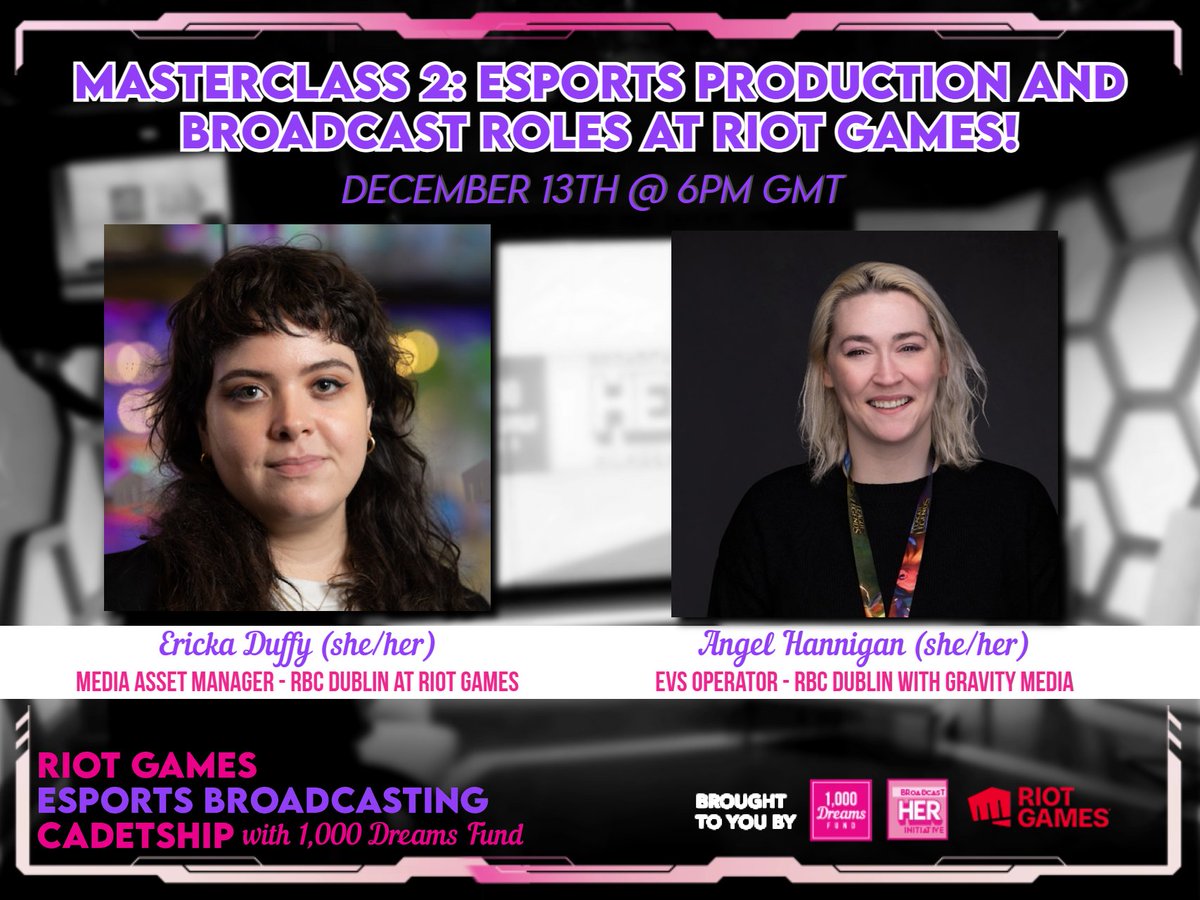 We are so thrilled that Masterclass #2 of the @RiotGames Esports Broadcasting Cadetship is officially happening December 13th @ 6PM GMT!

If you’ve ever wondered how @RiotGames live esports shows get made behind the scenes, this is the masterclass for you. Guests Ericka Duffy &amp;