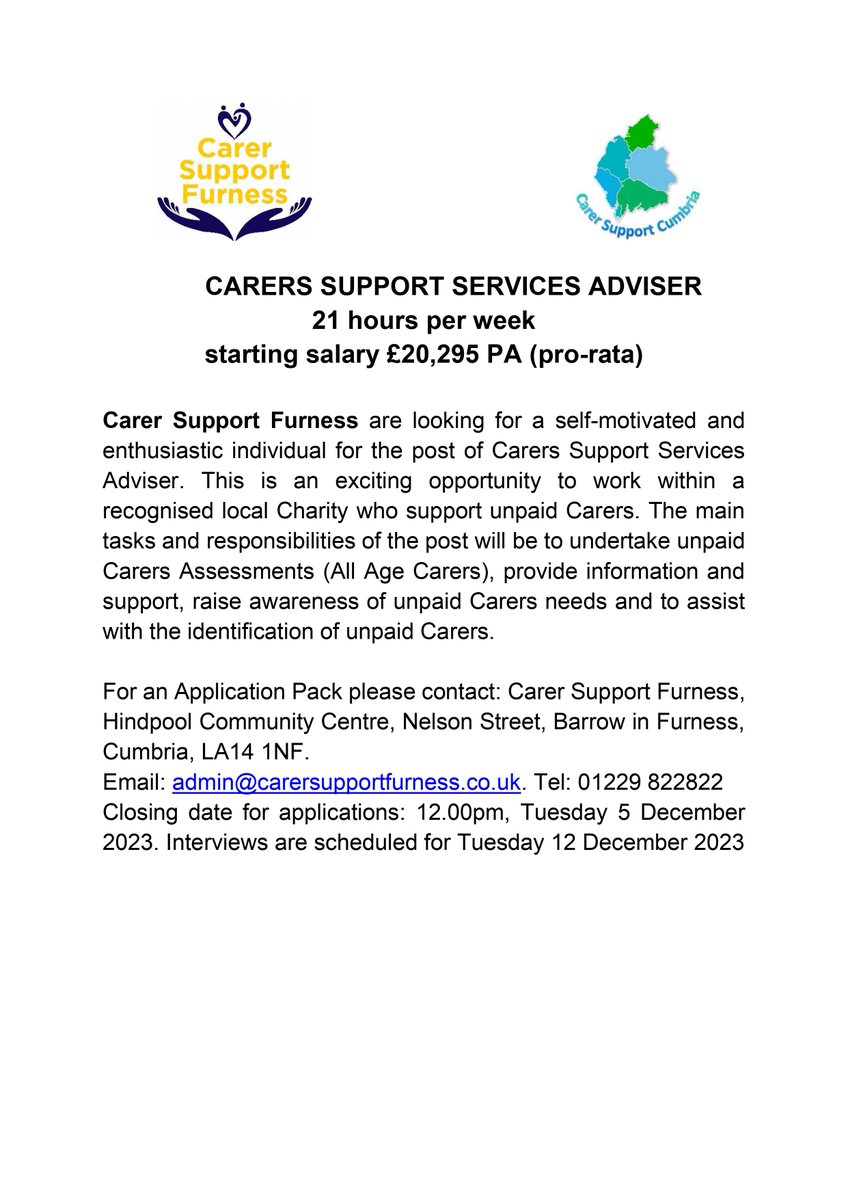 We're recruiting, please see below &amp; get in touch if you're interested in working Unpaid Carers