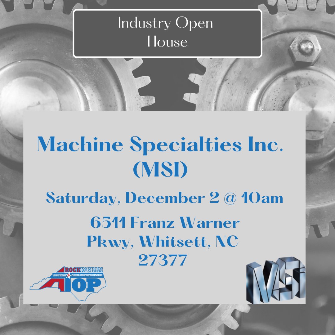 Join Us at MSI 
Saturday, December 2nd @ 10 a.m.
Address: 6511 Franz Warner Pkwy, Whitsett, NC 27377