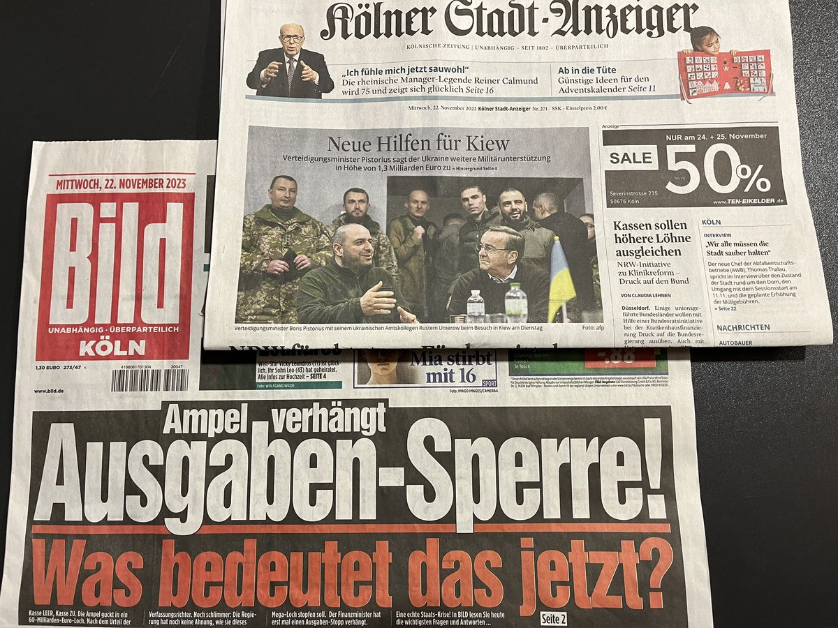 AndrejHunko's tweet photo. Zwei Schlagzeilen sagen mehr als 1000 Worte: Während #Pistorius weitere 1,3 Milliarden Euro in einen sinnlosen #Abnutzungskrieg versenkt, verhängt die #Ampel eine #Ausgabensperre. https://t.co/9ckrGsqPpA