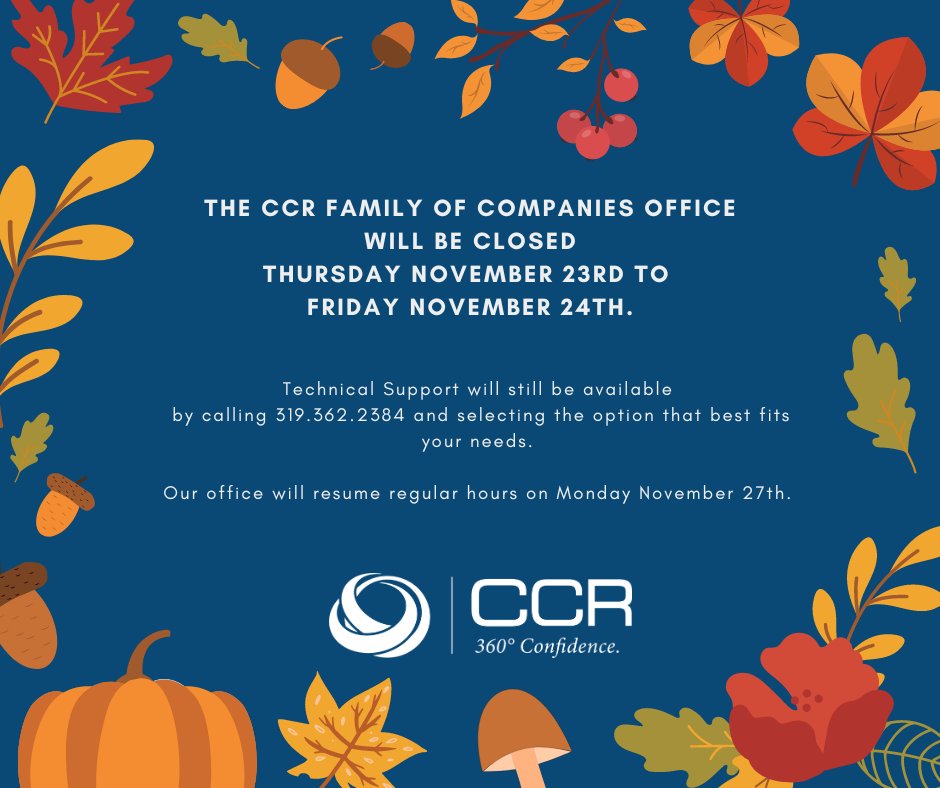 CCRdotNET's tweet image. The CCR Offices will be closed on November 23-24th for the Thanksgiving Holiday. Urgent technical support will still be available at 319.362.2384, and you can select the option that best fits your needs. Our office will resume regular business hours on Monday the 27th.
