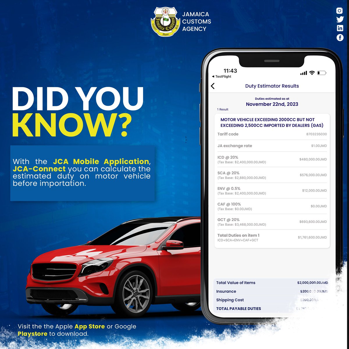 Andre Williams announced in his presentation earlier today (Nov. 22) that the new JCA Mobile Application has, among its many features, a duty estimator that estimates the expected duties for imported items, including motor vehicles.