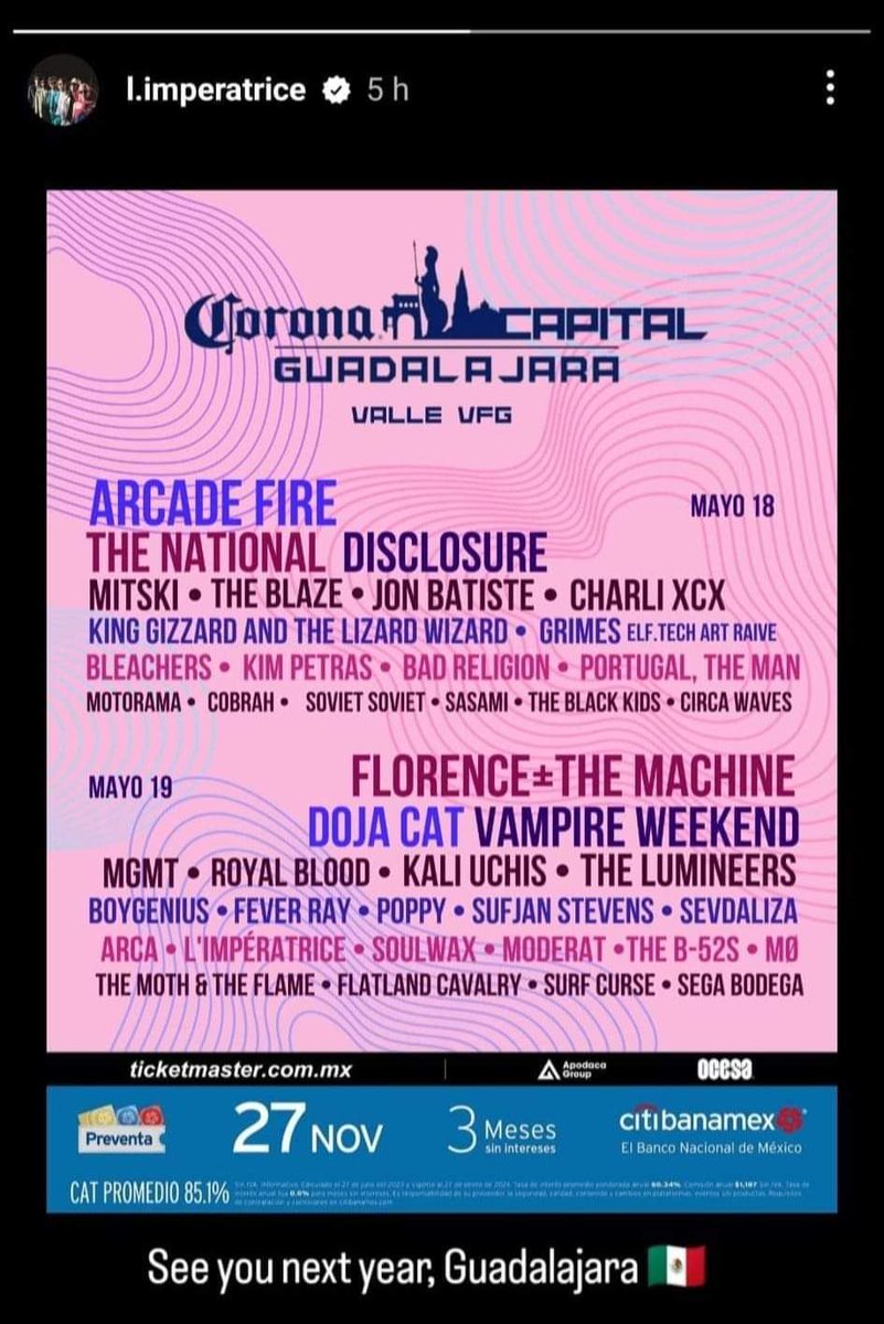 👀 ¡Ah, caray! ¡L'imperatrice publicó en sus historias de Instagram el cartel del Corona Capital Guadalajara! ¡Y está bastante bueno! 🔥
P.D. Ya bajaron la publicación.