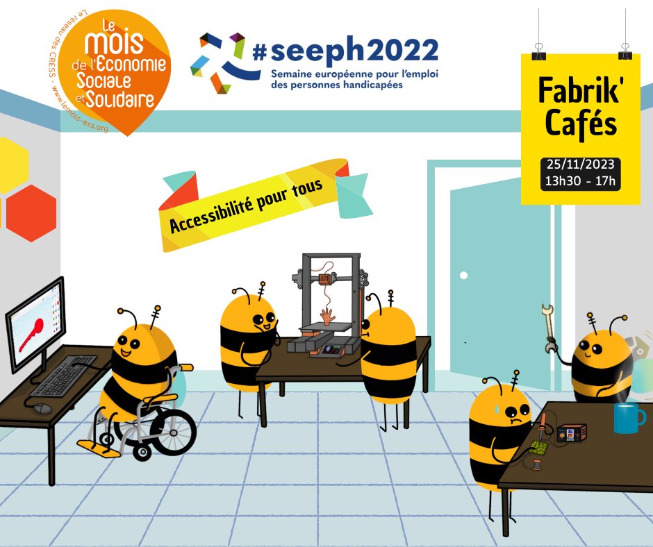 Le 4ème samedi du mois, c'est Fabrik'Café ☕️🔧 chez AutonaBee 🐝!
Ce samedi 25/11 de 13h30 à 17h, atelier ouvert pour faire découvrir nos projets pour l'accessibilité. 🎮🚴

 #SEEPH2023  #ESS #Humanlabs #Accessibility