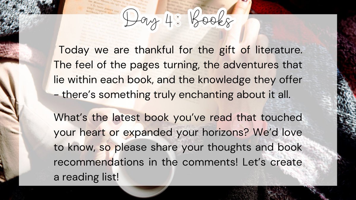 COOP_ThereItIs's tweet image. Day 4 - Gratitude for the literary world 📚✨ Share your recent heartwarming reads and eye-opening titles below! Let's create a must-read list together 🌟

#7DaysOfThanks #COOP_ThereItIs #PeopleOpsATT #LifeAtATT