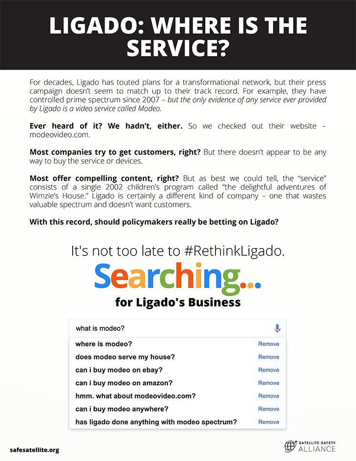 For decades, Ligado has touted plans for a “transformational wireless network, but all they have to show for it is a video service for “Modeo.” We’ve never heard of it. 🧐
Is Ligado really who we want controlling prime #spectrum? safesatellite.org/facts/ligado-w…