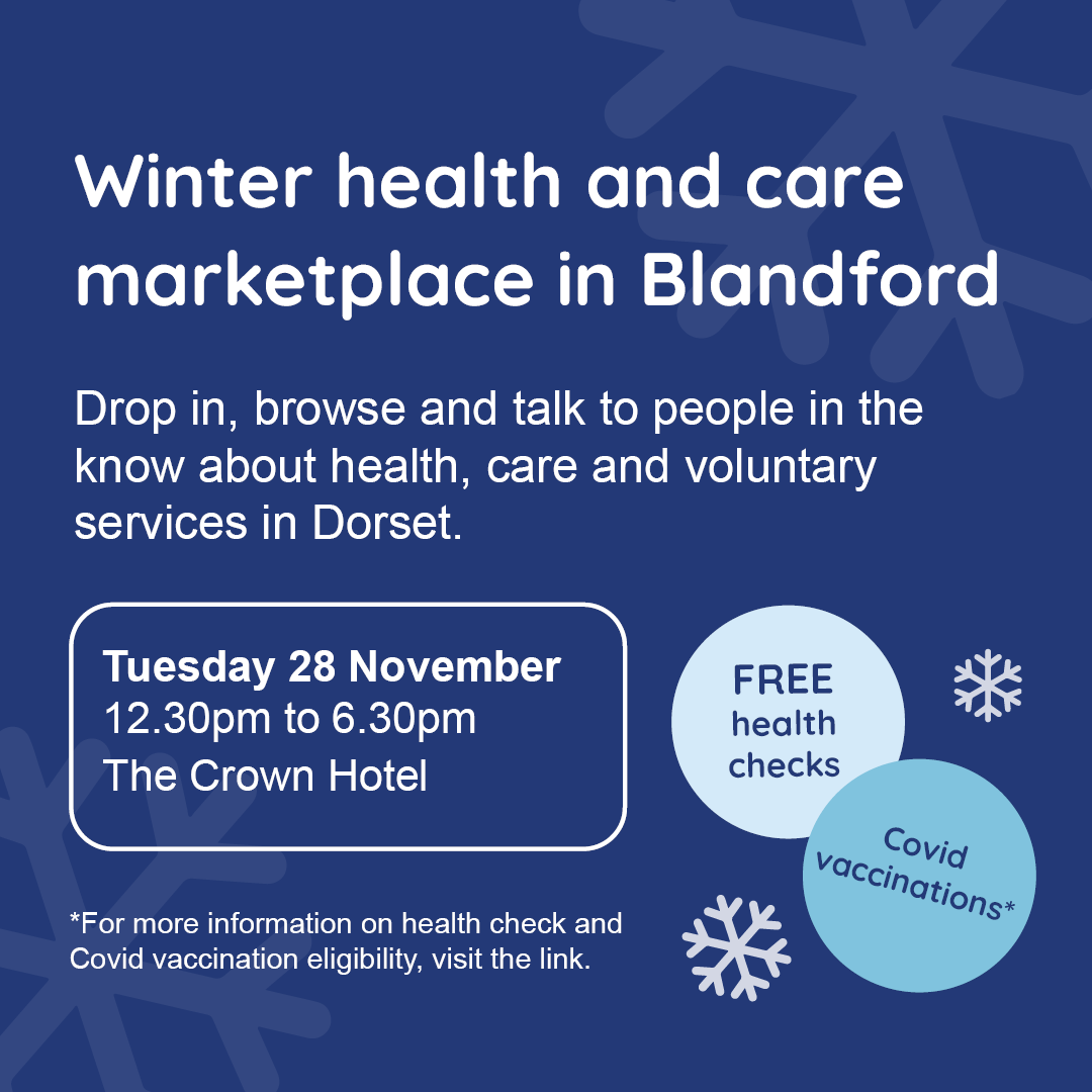 People living and working in Dorset are invited to attend upcoming marketplace style events in November &amp; December to find out about local health &amp; care services.

The first one is this Tuesday 28 November in Blandford! ⬇️ 

nhsdorset.nhs.uk/marketplace202…