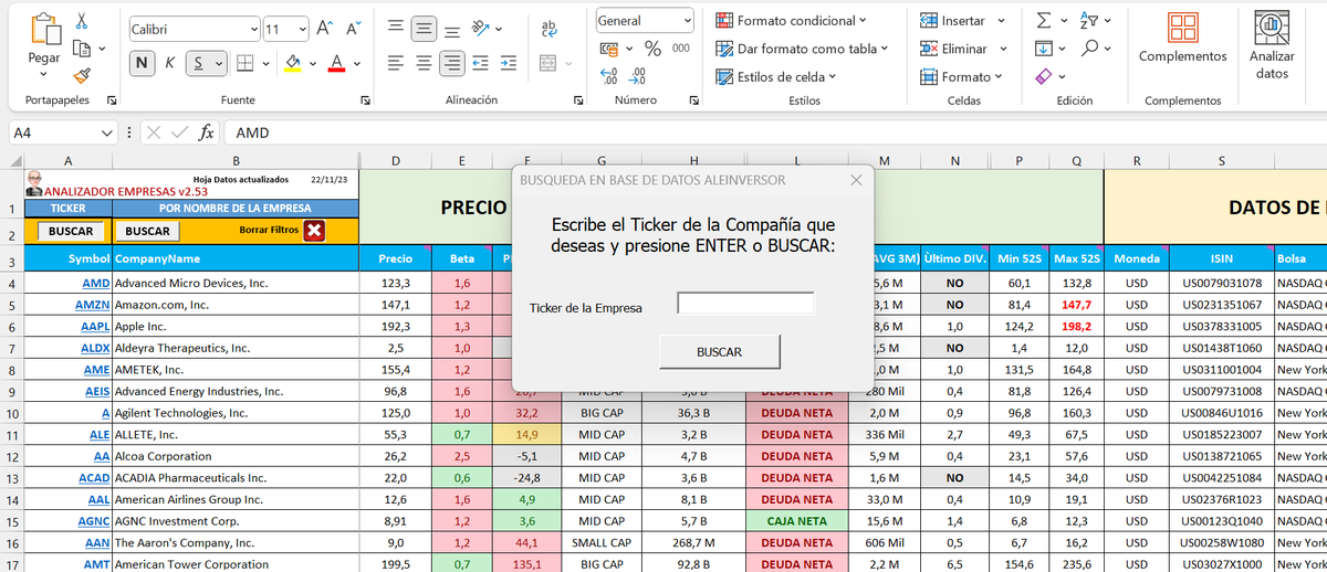 AleInversor's tweet image. Hace ya unos meses que hice una plantilla EXCEL para facilitar la tarea de análisis y valoración rápida de acciones. Al principio era una BBDD estática con información filtrada. Os dejo 1muestra de lo que se ha convertido a día de hoy👇. Espero que os guste mi pequeño proyecto.