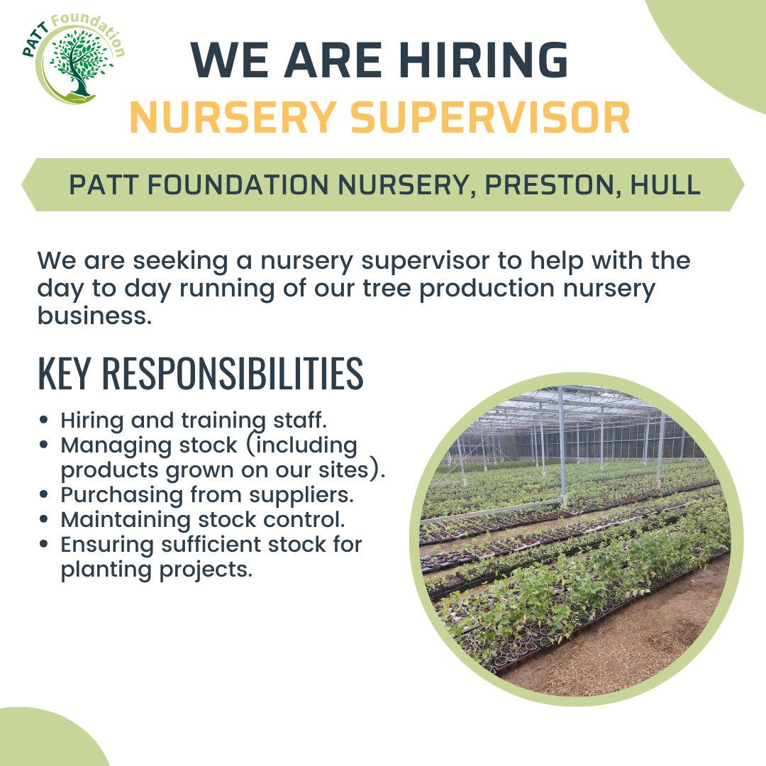 PATT_Foundation's tweet photo. 🌳 We are recruiting a Nursery Supervisor to join our friendly team located at the PATT Foundation nursey in Preston 🌳
Apply on LinkedIn ➡️ https://t.co/sL2fVsnkdo
#VeteranEmployment #GreenTaskForce #PattFoundation #VeteranJobs #HullJob #JobsinHull #WeAreHiring https://t.co/SeejkN7KOA