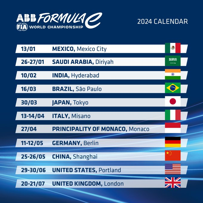 🔋Official: #FormulaE's 2024 calendar

🇮🇹 #RomeEPrix replaced by the double-header in Misano

🗺️17 races in 11 cities around the world