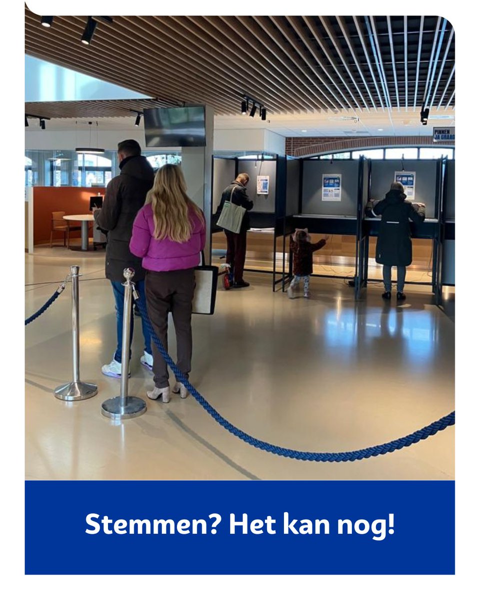 Nog niet gestemd? Het kan nog! Tot 21.00 uur kun je je stem uitbrengen op één van de stembureaus. 
Let op: Neem je stempas en ID-bewijs (paspoort/ID-kaart/rijbewijs) mee… 📝 
Vind het dichtstbijzijnde stembureau op 👉 waarismijnstemlokaal.nl/s/Harderwijk
#ElkeStemTelt #TK2023 #Verkiezing