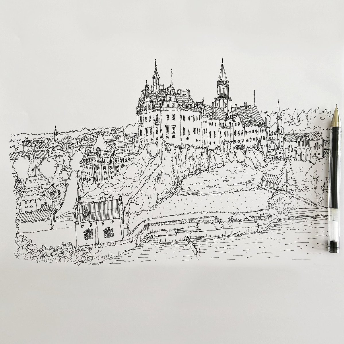 Sigmaringen. A perspective centered on the city’s castle, as seen from a viewpoint by the Danube River. #Sigmaringen #Schloss #badenwurttemberg #Germany #InkDrawing #UrbanSketch #SketchDaily #Sketch #Drawing #Ink #Sketchart #Drawingoftheday #Sketchoftheday #Architecture #Art