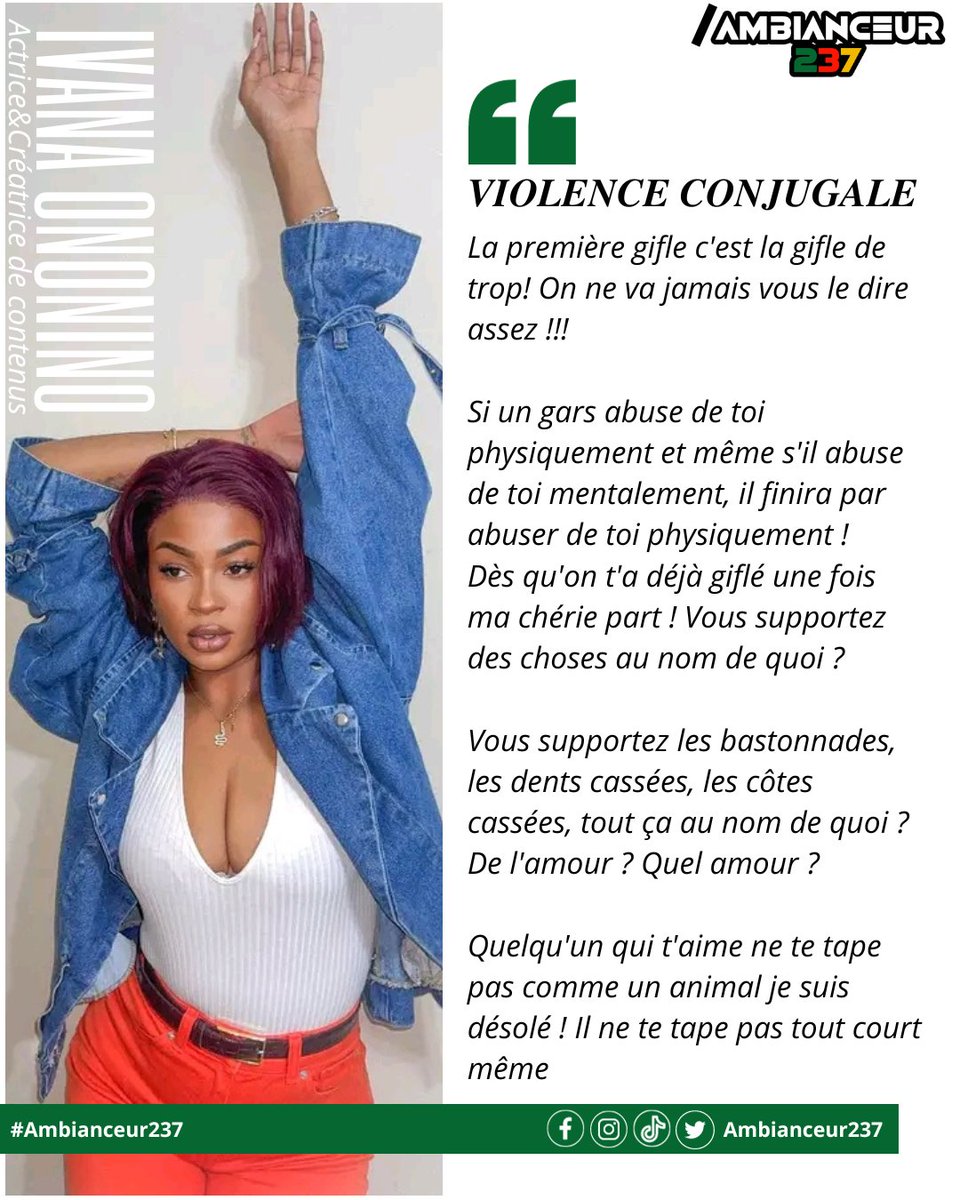 ambianceur237's tweet photo. Le message d'IVANA ONONINO aux femmes par rapport aux violences conjugales https://t.co/dOSOWMUG4V