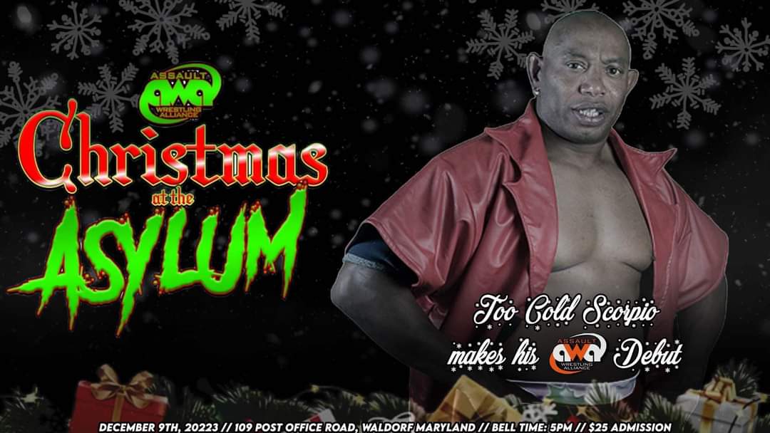 OJ_PurpleStuff's tweet image. Wrestling Legend @ToocoldScorpio1 will make his AWA debut, taking on @RealBrymstone for the AWA Southern Heavyweight Championship!
🤼‍♂️🎄AWA Christmas at the Asylum 🎄🤼‍♂️
Saturday, Dec. 9th @ 5 PM
#awa #ecw #toocoldscorpio #prowrestling  #GrapitolRegion #DEBUT