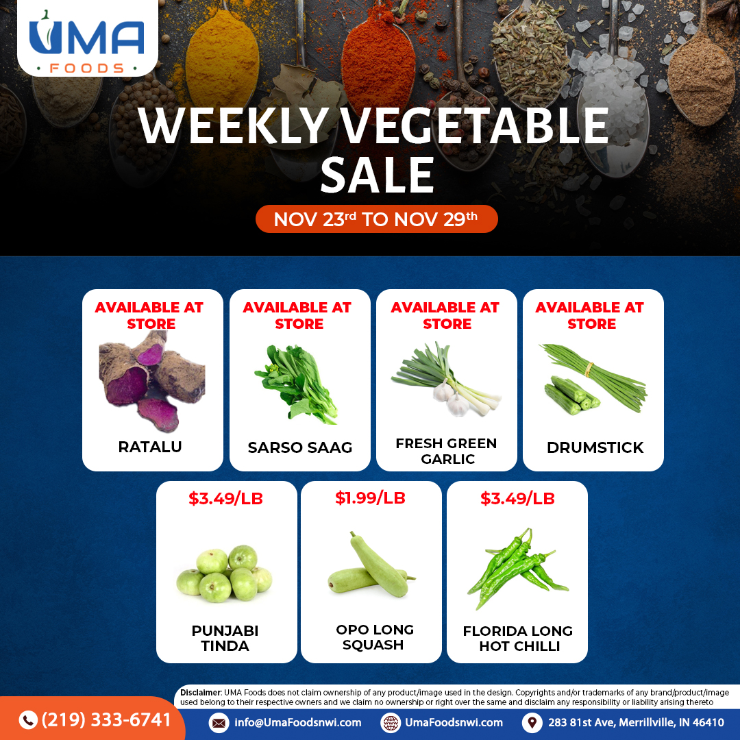 Enjoy amazing deals at the #UMAFoods Vegetable Sale! Don't miss out!

👉 𝐒𝐚𝐥𝐞 𝐟𝐫𝐨𝐦 𝗡𝗼𝘃 𝟮𝟑𝗿𝗱 - 𝗡𝗼𝘃 𝟮𝟗𝐭𝐡👈

#vegetablesale #freshvegetables #veggies #weeklysales #WeekendSale #WeekendDeal #grocery #groceries #grocerystore #groceryshopping #grocerysale
