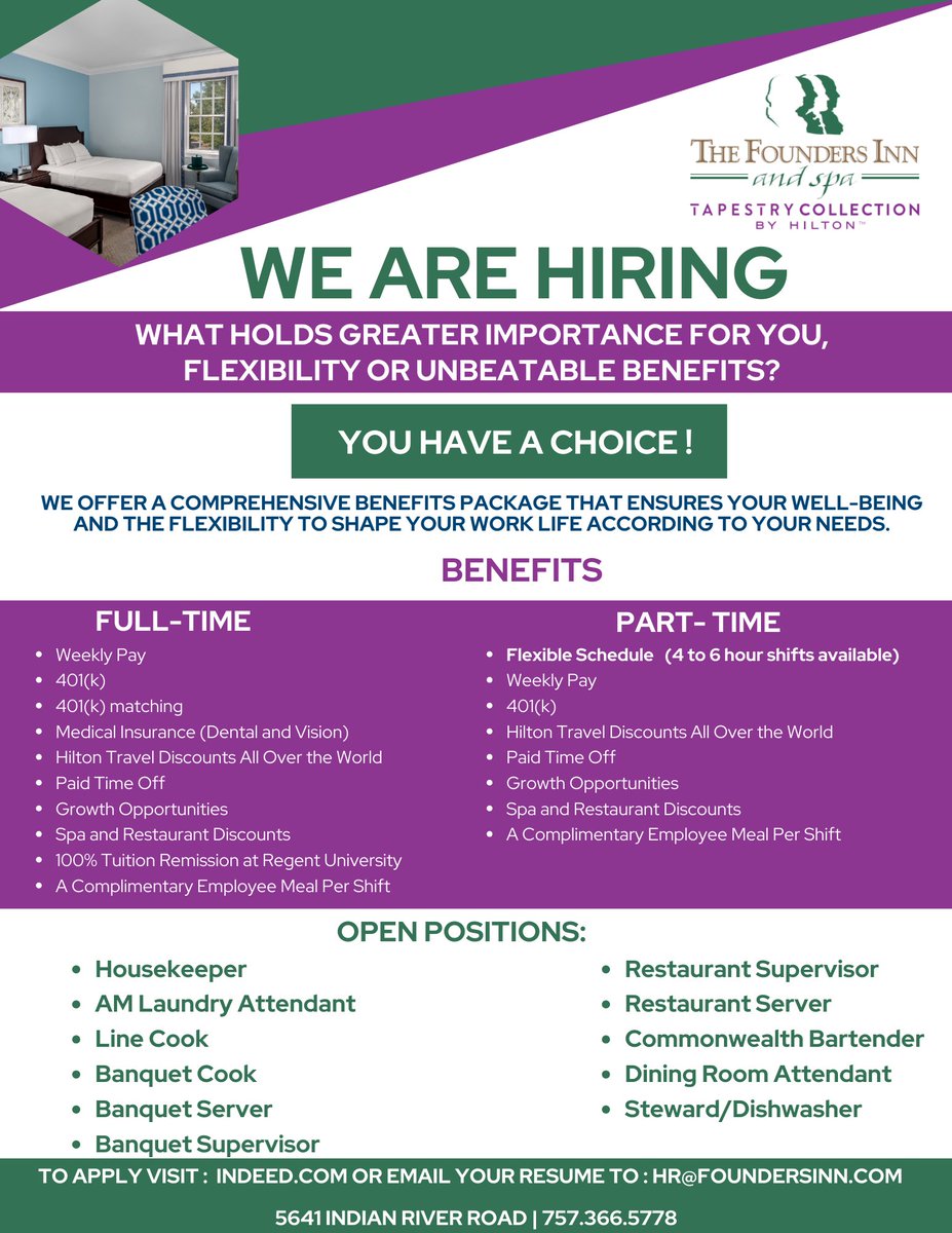 TheFoundersInn's tweet photo. We are hiring and you get to pick flexibility or unbeatable benefits! You pick what works best for your lifestyle. #weloveouremployees https://t.co/yM2W1XhF1d