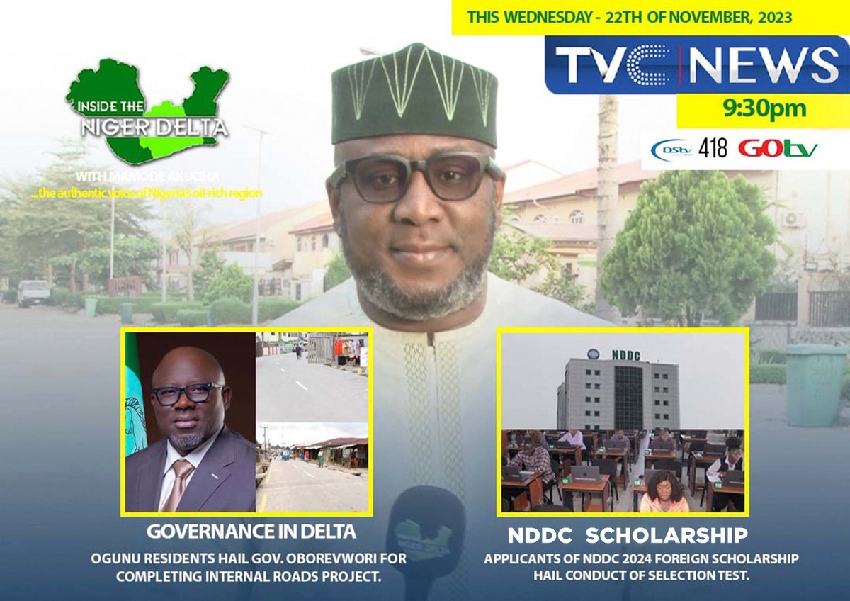 Join us with <a href="/tvcnewsng/">TVC News</a> by 9:30pm today, for another episode of Inside the Niger Delta with Mamode Akugha.

#insidethenigerdelta #Abia #Akwaibom #Bayelsa #Rivers #imo #Delta #Edo #Ondo #Crossriver #insidethenigerdeltawithmamodeakugha 
#insidethenigerdeltanews