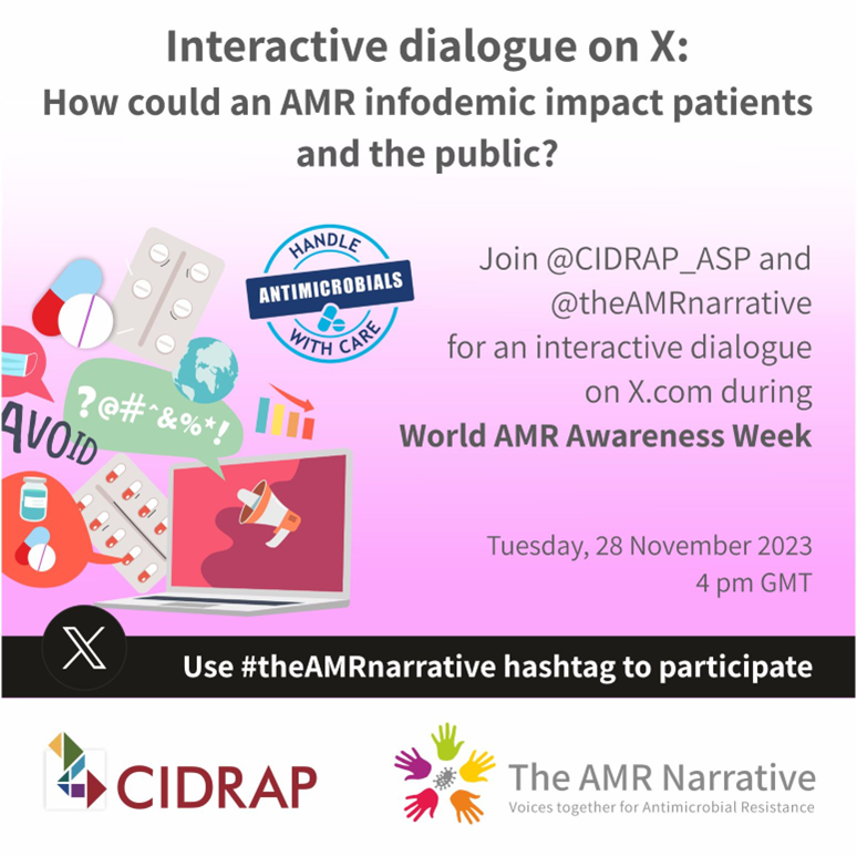 Thank you to everyone who joined today!! 

Please feel free to join us again next week, 28 Nov, 4 pm GMT when we discuss the role of infodemic management and #AMR in terms of its impact on patients and the public

We'll be using the hashtag #theAMRnarrative 

#WAAW #WAAW2023…