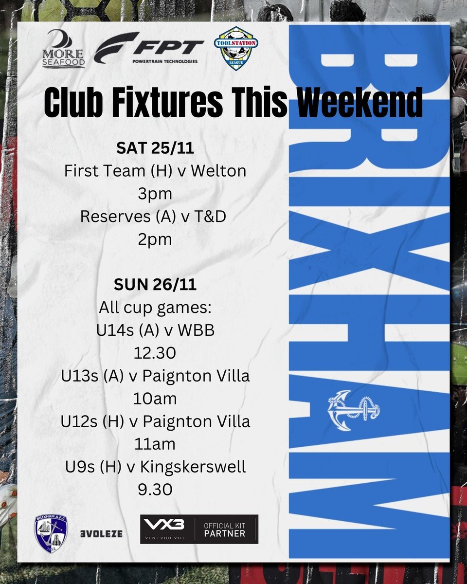 Our club fixtures this weekend 💙🤍💙🤍 'BLUE ARMY' @moreseafood @PumpTechLtd Breakwater Marine Engineering @fpt @BrixhamCasuals @Brixhamfishmkt @swsportsnews @TSWesternLeague 🐟🐟🐟